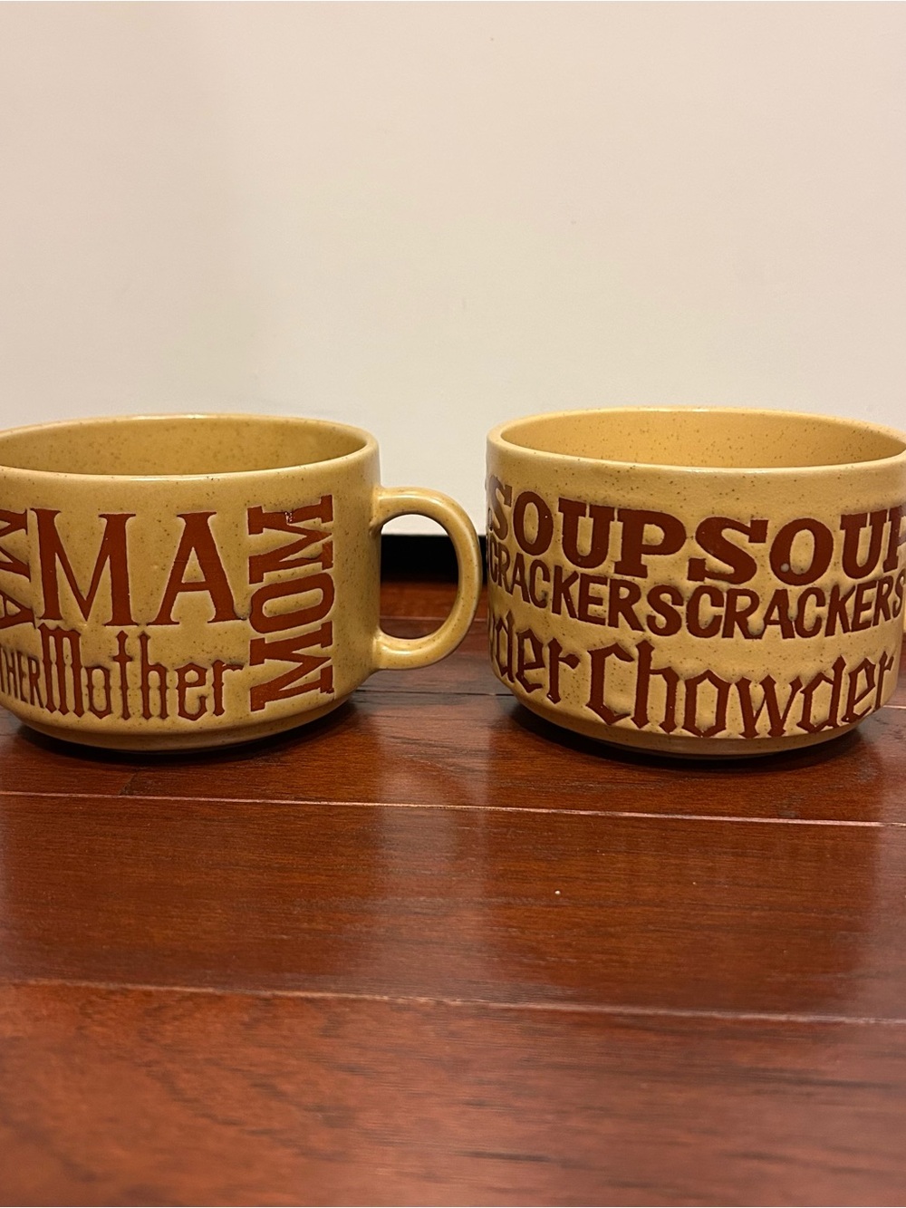 Vintage 1970s Stoneware Soup Mugs Pair Mom Mother & Soup Chowder Crackers Japan